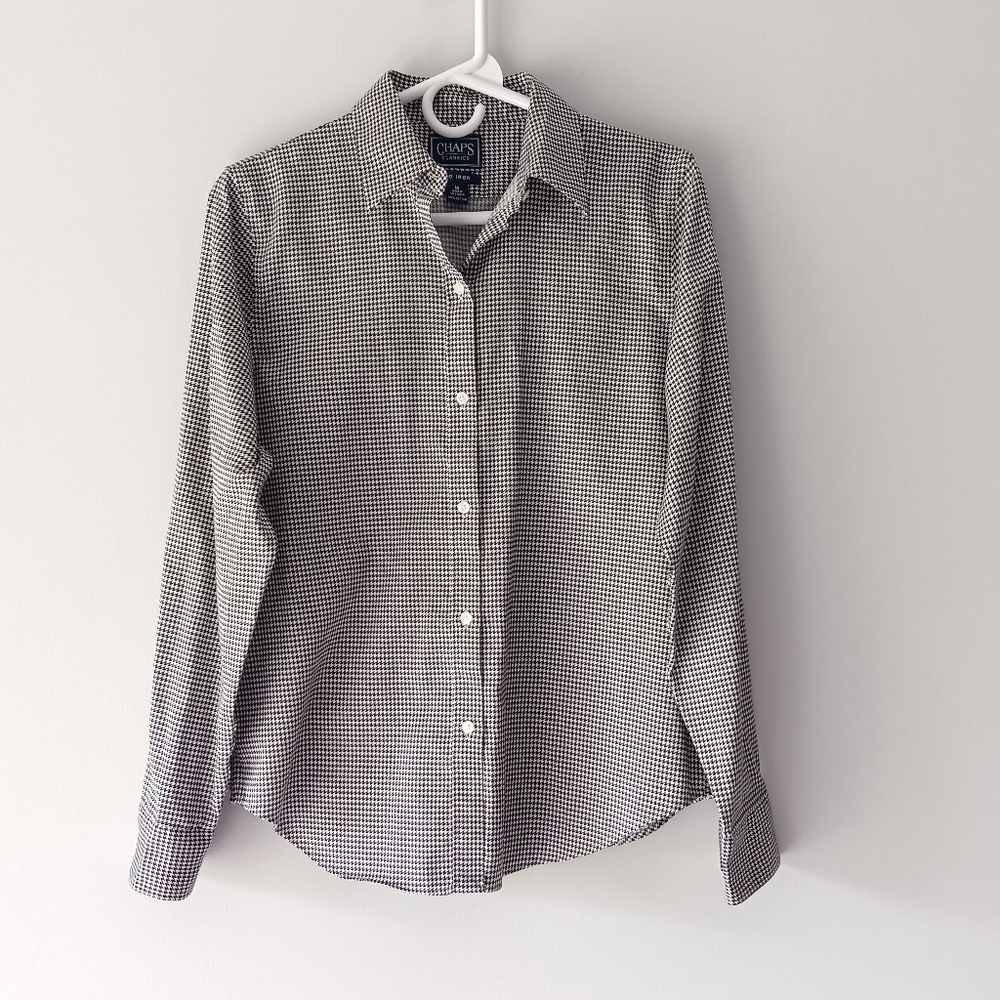 Chaps Classics No Iron Cotton Button Down Shirt Houndstooth Black White Medium